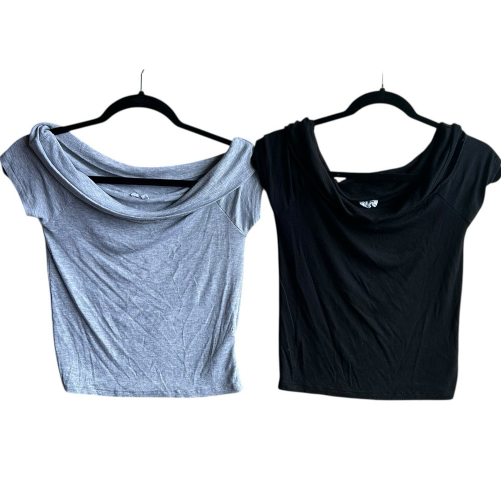 Cotton:On Crop Tee Off Shoulder Crop Top T-Shirt Short Sleeve M Gray and Black